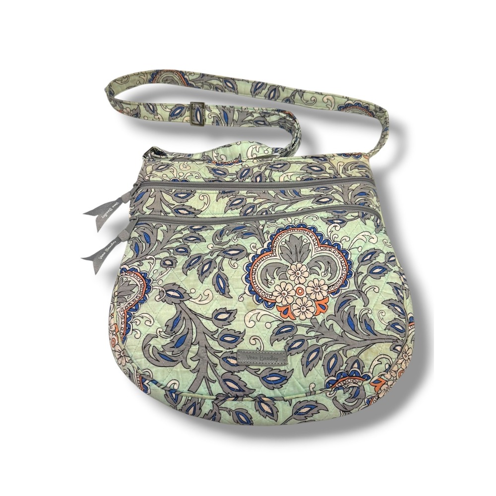Vera Bradley Triple Zip Hipster Crossbody Bag Fan Flowers‎ Quilted Cotton Mint